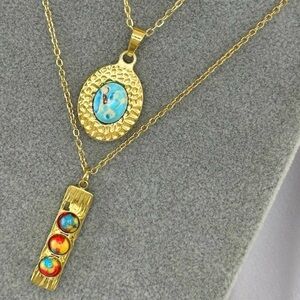 Colorful Stone Gold Bar Pendant Necklace